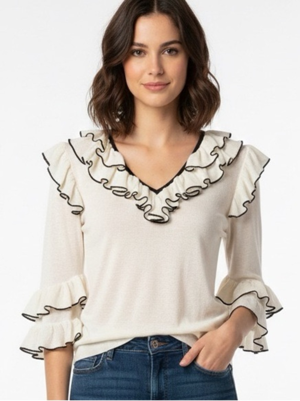 Maje Moreno Cream White Layer Ruffled Collar Sleeve Knit Top